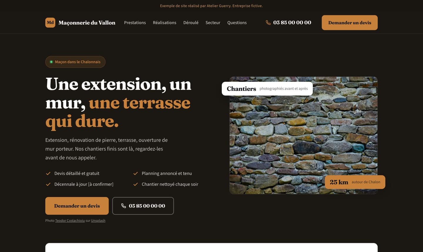 Premier écran d’un exemple de site de maçon, réalisé par Atelier Guerry