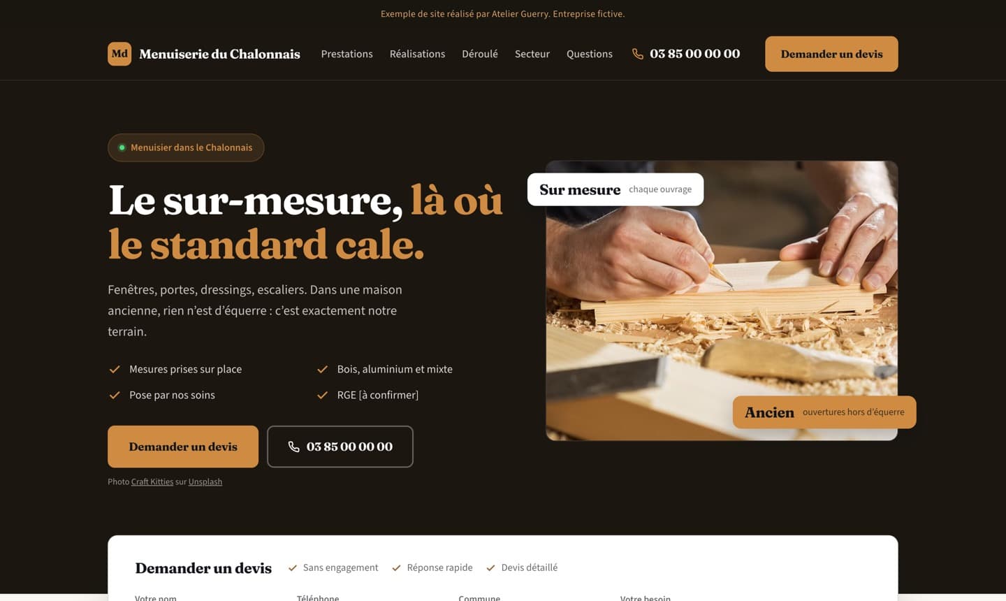 Premier écran d’un exemple de site de menuisier, réalisé par Atelier Guerry