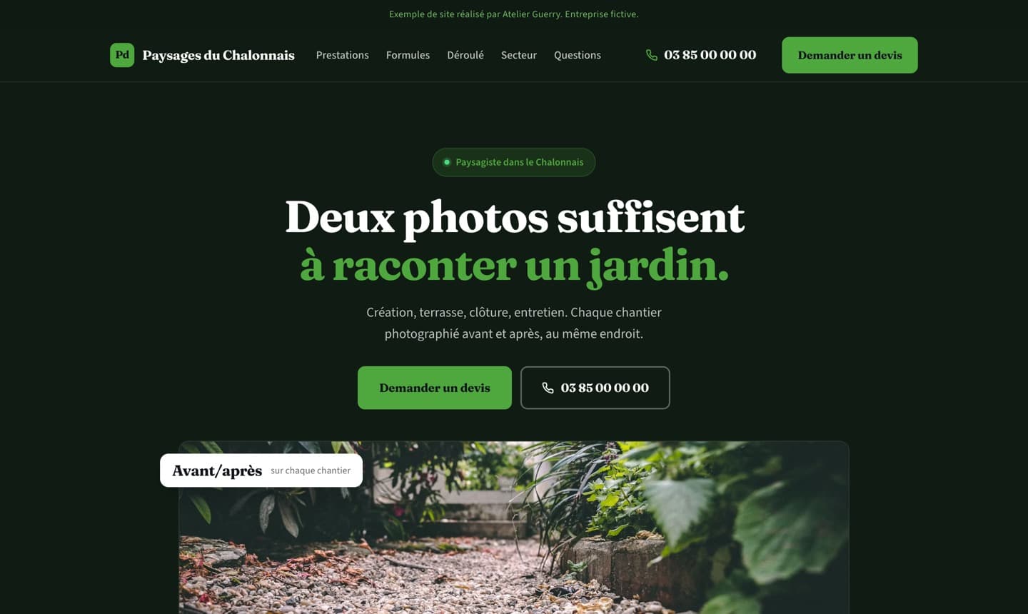 Premier écran d’un exemple de site de paysagiste, réalisé par Atelier Guerry