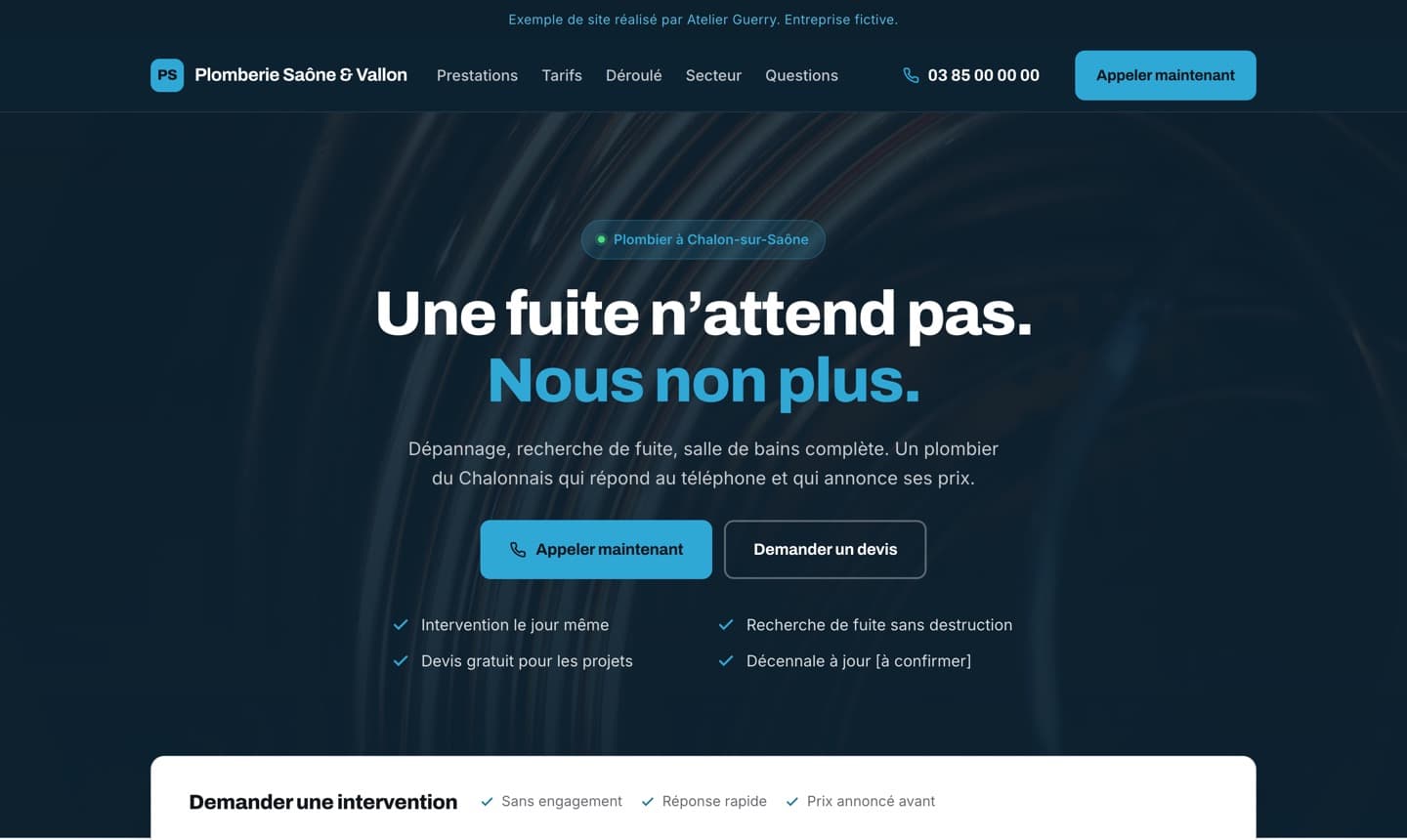 Premier écran d’un exemple de site de plombier, réalisé par Atelier Guerry