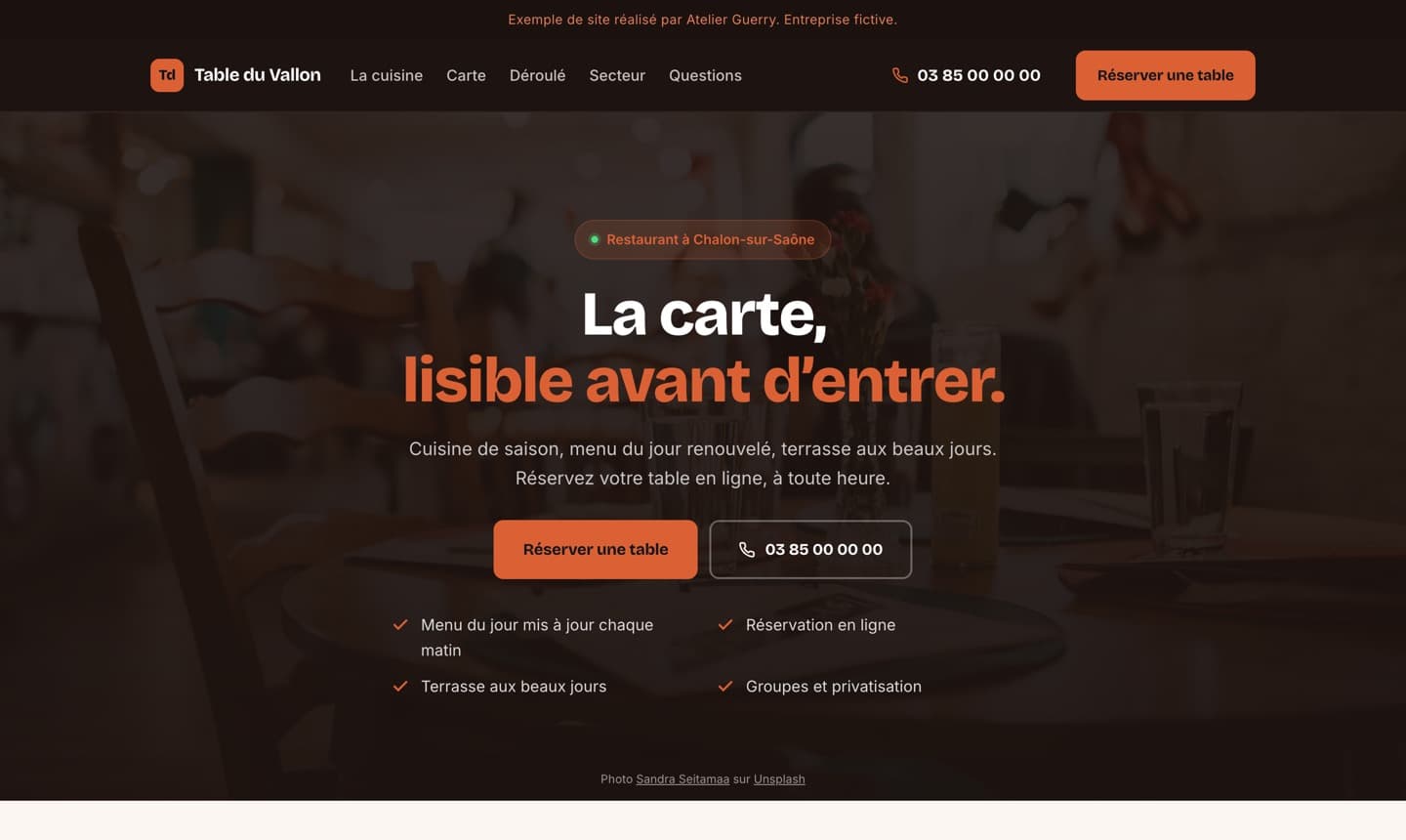 Premier écran d’un exemple de site de restaurant, réalisé par Atelier Guerry
